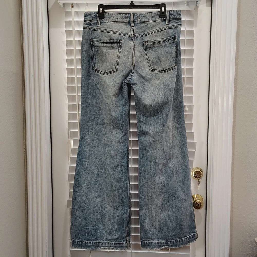Free People Wide Leg Flare Jeans Womens 29 Blue Button Fly High Rise Boho 70s